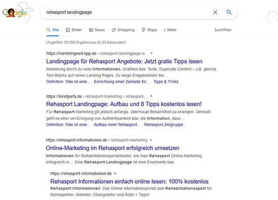 Beispiel Suchtreffer Google zu Landingpage Rehasport